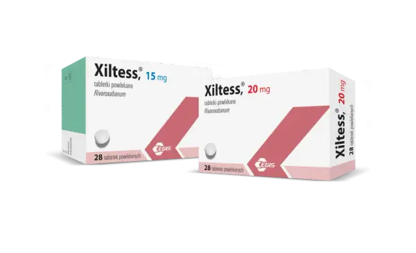 Dwa opakowania leku Xiltess: 15 mg i 20 mg, zawierające 28 tabletek powlekanych każdy.