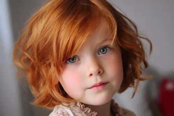 Adorable fillette aux cheveux roux et bouclés, avec une coupe carré. Ses yeux bleus pétillent de malice.