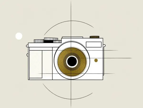 Stylizowana grafika aparatu z złotym obiektywem, symbolizująca kluczowe elementy ekspozycji w fotografii.