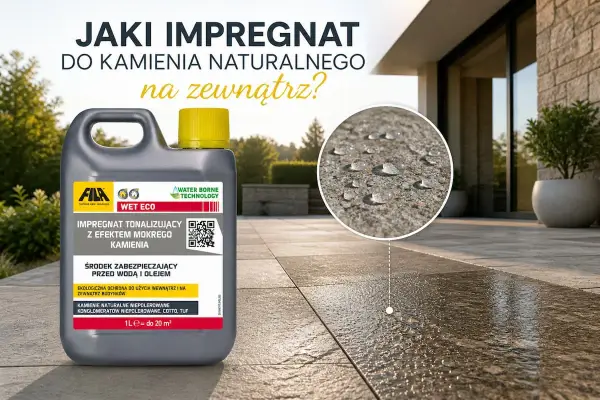 Butelka impregnatu do kamienia naturalnego na zewnątrz. Kropelki wody na kamieniu pokazują efekt hydrofobowy.