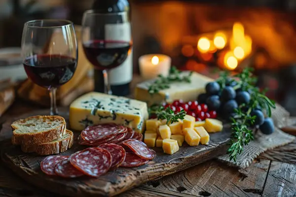 Tagliere con salumi, formaggi, uva e pane, perfetto per un abbinamento barolo davanti al camino.