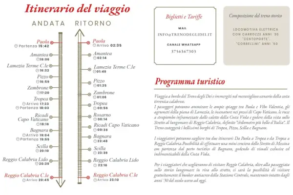 Itinerario del treno storico da Paola a Reggio Calabria, con tappe a Tropea, Scilla e altri borghi.