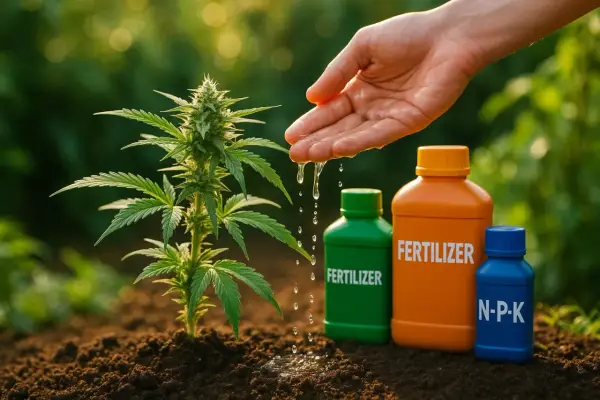 Una mano innaffia una piantina di cannabis. Accanto, bottiglie di fertilizzante, come da tabella Biobizz autofiorenti.