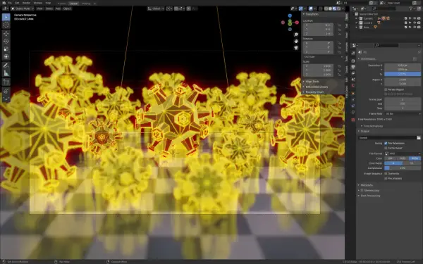 Wizualizacja wirusów w programie **blender program**. Żółte, krystaliczne obiekty wirusów unoszą się nad szachownicą.