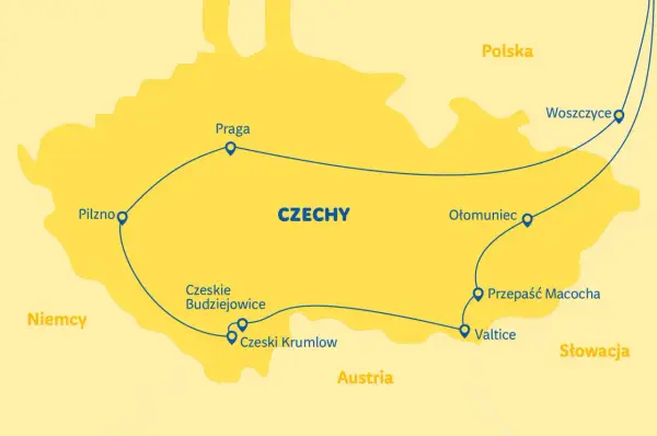 Mapa Czech z zaznaczonymi trasami turystycznymi, od Pilzna po Woszczyce, odkryj czeską Toskanię!
