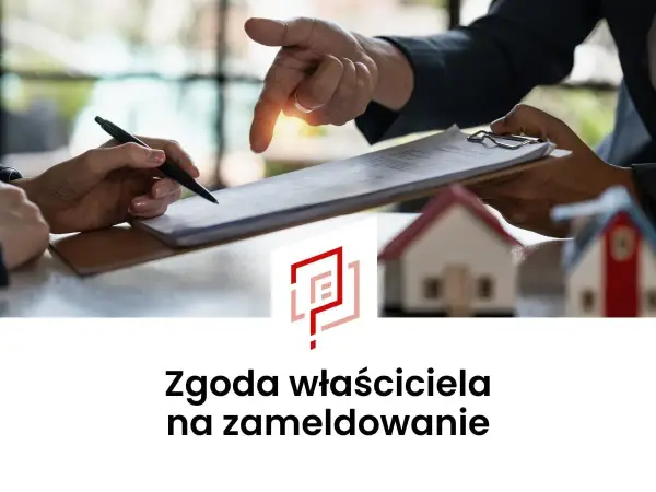 Podpisanie dokumentu: oświadczenie o wyrażeniu zgody na zamieszkanie najemcy w lokalu. W tle małe domki.