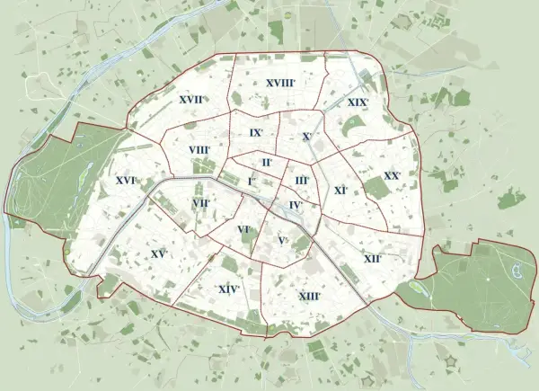 Mapa Paryża podzielona na dzielnice (arrondissements) z zaznaczonymi granicami.