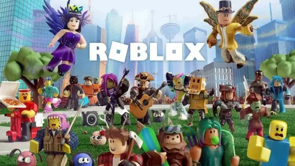 Mnóstwo postaci z fajnych gier na Roblox, w tym latająca wróżka, muzykanci i dostawca pizzy, na tle miasta.