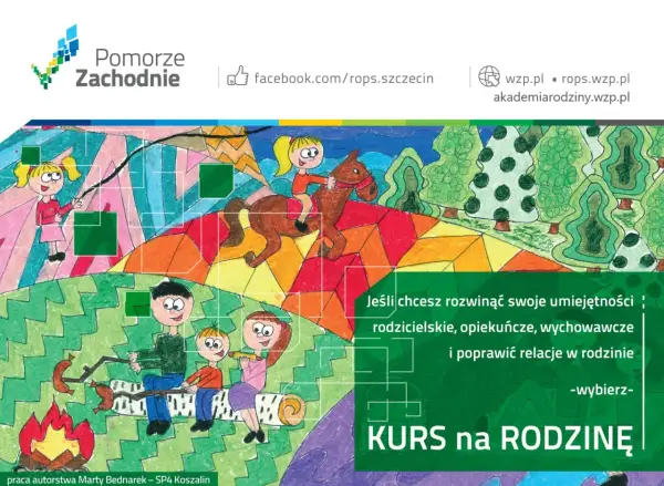 Kolorowy rysunek przedstawia szczęśliwą rodzinę patchworkową przy ognisku i dziewczynkę na koniu. Kurs na rodzinę!