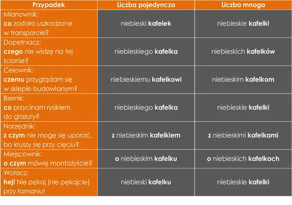 Tabela z przypadkami gramatycznymi i odmianą słowa "niebieski kafelek" w liczbie pojedynczej i mnogiej.