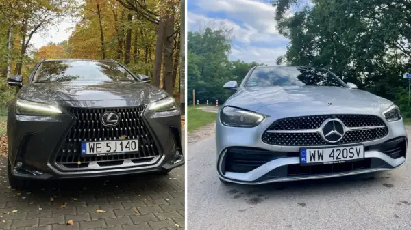 Szary Lexus NX 450h+ obok srebrnego Mercedesa. Jesień i lato w tle.