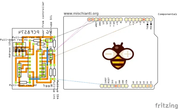 Schema di collegamento Fritzing Arduino con componenti per comunicazione I2C, inclusi resistori pull-up e pull-down.