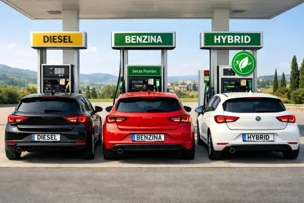Tre auto (nera, rossa, bianca) a una stazione di servizio. La rossa ha la scritta "BENZINA" sul retro.