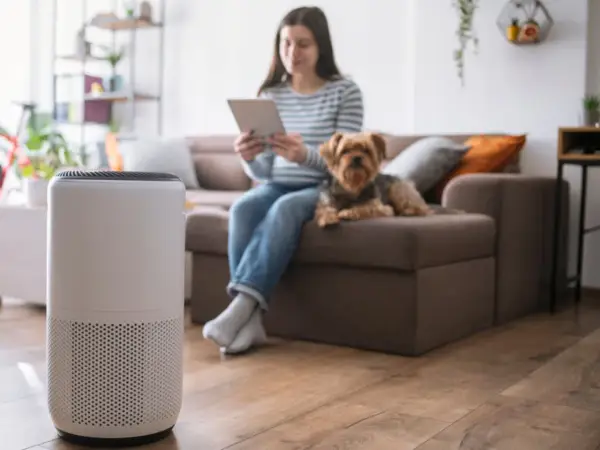 Purificador de aire en primer plano, mientras una mujer y su perro disfrutan del hogar, demostrando los beneficios de un purificador de aire para un ambiente más saludable.
