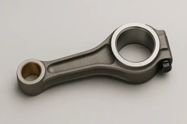 Una biela de motor de metal gris con un casquillo de bronce en un extremo y un perno en el otro.