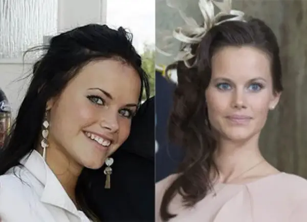 Sofia Hellqvist, före och efter Paradise Hotel. En bild visar henne ung och glad, den andra som en elegant prinsessa.