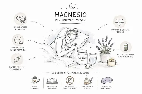 Donna dorme serenamente, circondata da elementi che promuovono il rilassamento muscolare profondo e un sonno ristoratore.