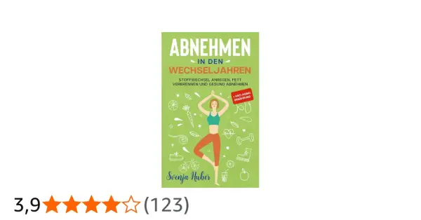 Buchcover: Abnehmen in den Wechseljahren. Tipps, um den Stoffwechsel ankurbeln, Fett verbrennen und gesund abnehmen. Mit Yoga-Figur und Icons.
