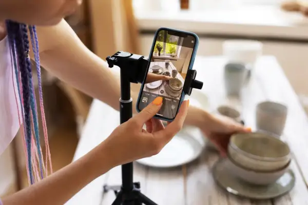 Kobieta z kolorowymi warkoczami ustawia telefon na statywie, by nagrać filmik: jak zrobić rolkę na Instagramie ze zdjęć.