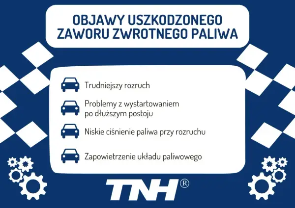 Objawy uszkodzonego zaworu zwrotnego paliwa: trudniejszy rozruch, problemy z odpalaniem po postoju, niskie ciśnienie paliwa, zapowietrzenie układu.