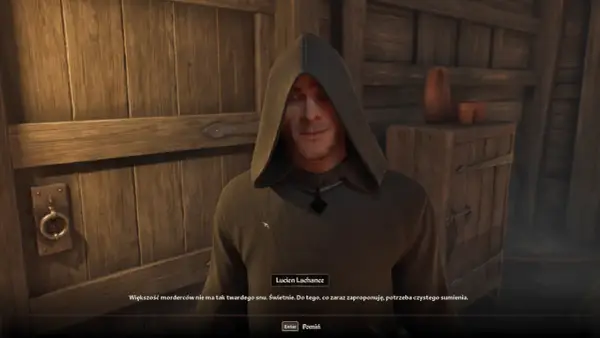 Lucien Lachance, członek gildii złodziei w grze Oblivion, w kapturze, mówi o mordercach i czystym sumieniu.