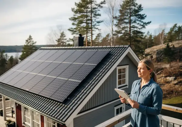 Kvinna med surfplatta på altanen framför ett hus med solceller på taket.