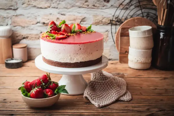 Eine köstliche Erdbeer Joghurt Torte, dekoriert mit frischen Erdbeeren und Minze, steht auf einem weißen Tortenständer.