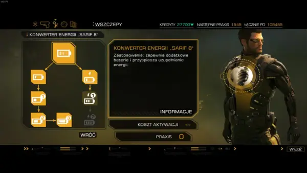 Adam Jensen w Deus Ex: Bunt Ludzkości ulepsza swój pancerz, by zyskać dodatkowe baterie i przyspieszyć regenerację energii.