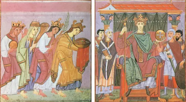 Darstellung der Herrschaft im Mittelalter: Eine Prozession von Frauen mit Kronen und Gaben nähert sich einem Thron, auf dem ein König mit Krone und Reichsapfel sitzt.