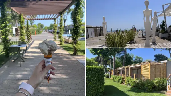 Lody w wafelku na tle alejek i zieleni. Widok na plażę z rzeźbami i domki kempingowe. Idealne wakacje na marina di venezia camping.