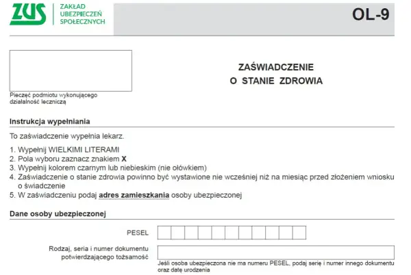 Formularz ZUS OL-9: zaświadczenie o stanie zdrowia, potrzebne do uzyskania orzeczenia o niepełnosprawności. Wypełnia lekarz.