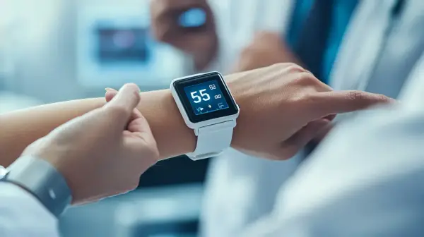 Biały smartwatch na nadgarstku pokazuje niski puls 47. Dłoń dotyka ekranu, sprawdzając parametry zdrowotne.
