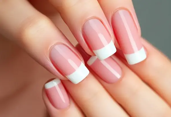 Dłonie z idealnym manicure french na beżu. Delikatny róż i biel podkreślają elegancję.