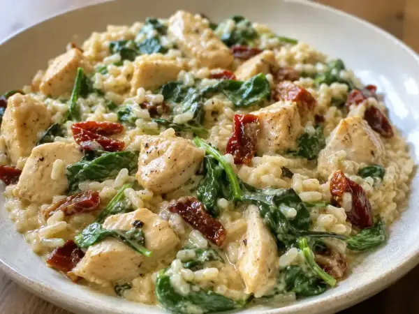 Pyszna pierś z kurczaka z suszonymi pomidorami i szpinakiem w kremowym risotto. Ania gotuje mistrzowsko!