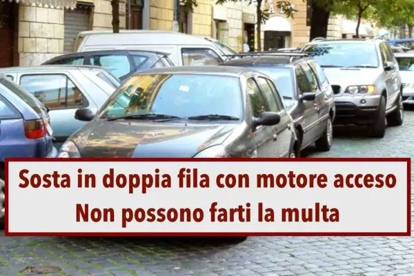 Auto in seconda fila strada, motore acceso. Non ti multano se aspetti poco.