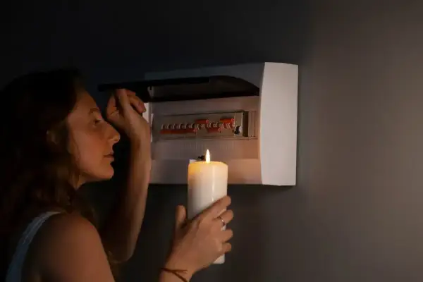 Kobieta z zapaloną świecą przy skrzynce z bezpiecznikami. Czy to oznacza blackout? Co to właściwie jest?