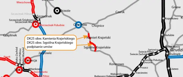 Mapa drogowa z zaznaczoną trasą DK25 obwodnica Sępólna Krajeńskiego. Widoczne miejscowości: Człuchów, Kamień Krajeński, Sępólno Krajeńskie.