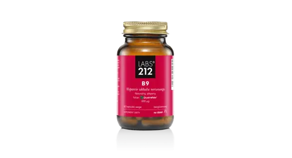 Suplement diety LABS 212 B9 z folianem Quatrefolic, aktywna forma kwasu foliowego, wspiera układ nerwowy. 60 kapsułek wege.