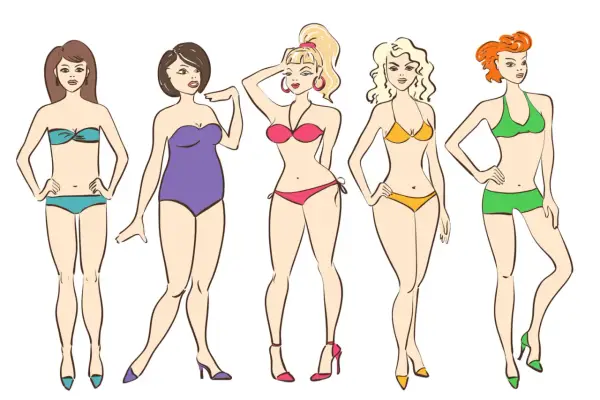 Cinco mujeres en traje de baño, cada una con una figura diferente, incluyendo una con curvas pronunciadas.