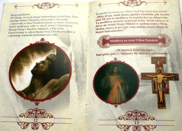 Obraz przedstawia modlitwę do szóstej rany Jezusa. Widnieje tu wizerunek ukrzyżowanego Chrystusa i modlitwa do Jego Ran.