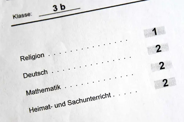 Zeugnis der Klasse 3b mit Noten für Religion (1), Deutsch (2), Mathematik (2) und Heimat- und Sachunterricht (2). Der **Erwartungshorizont** für die nächste Klasse ist hoch.