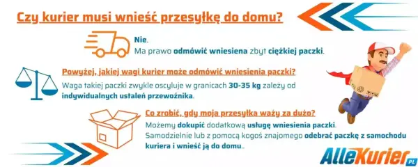 Czy kurier ma obowiązek wnieść paczkę? Nie, jeśli jest zbyt ciężka (30-35 kg). Można dokupić usługę lub odebrać samemu.