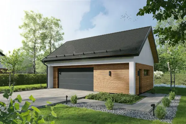 Nowoczesny budynek gospodarczy projekt 35m2 z drewnianą elewacją i dużym garażem. Otoczony zielenią, z podjazdem i ścieżką.