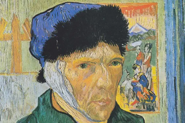 Autoportret z zabandażowanym uchem, Vincent van Gogh. Obraz przedstawia artystę w jego charakterystycznym stylu, z widocznymi pociągnięciami pędzla, odzwierciedlającymi jego emocjonalne cykle.