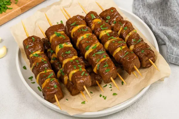 Plusieurs brochettes de bœuf et fromage, garnies de persil frais, sont présentées sur une assiette.