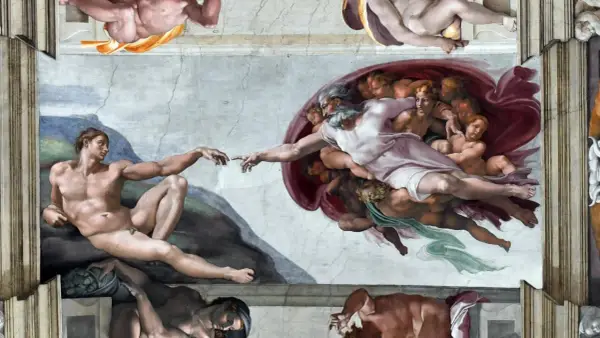Michelangelo's Sixtinische Kapelle: Gott haucht Adam Leben ein. Ein ikonischer Moment der Schöpfung, der die göttliche Berührung einfängt.