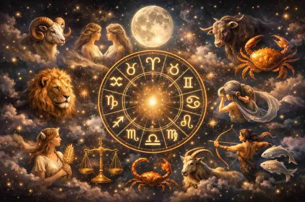 Zodiakalny krąg z symbolami i postaciami: Baran, Bliźnięta, Lew, Panna, Waga, Skorpion, Koziorożec, Ryby.