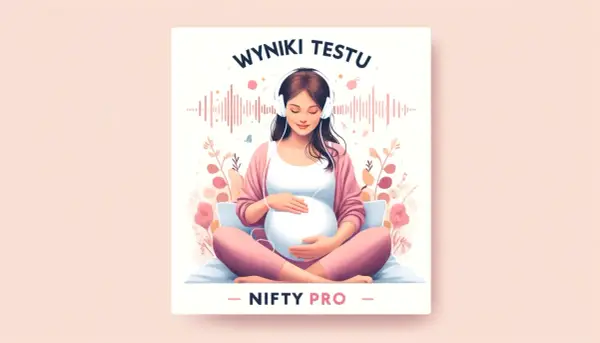 Nifty Pro: ciężarna kobieta w słuchawkach słucha wyników testu, otoczona kwiatami i falami dźwiękowymi.