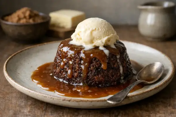 En läcker sticky toffee pudding med en kula vaniljglass och kolasås som rinner ner.