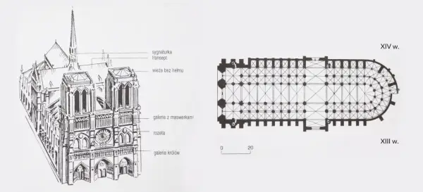 Rysunek Notre-Dame z widokiem fasady i planem kościoła.